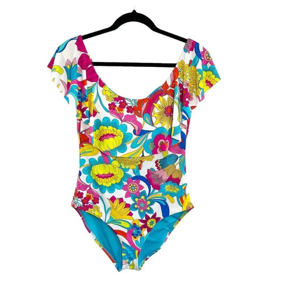 Trina Turk Bright Colorful Floral Off the Shoulder Ruffle One Piece Swim Suit 12 - Picture 1 of 9